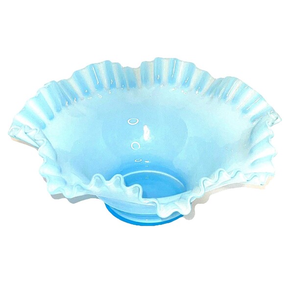 Fenton Glass Bowl Shades Of Blue Glass Ruffled Crimped 9 1/2” By 3” - Picture 6 of 6